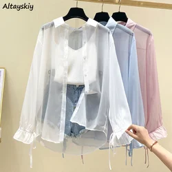 Shirts Women Sun-proof Thin Summer Transparent Fashion Casual Ulzzang Retro Sweet Cool Streetwear Holiday All-match Beach Young