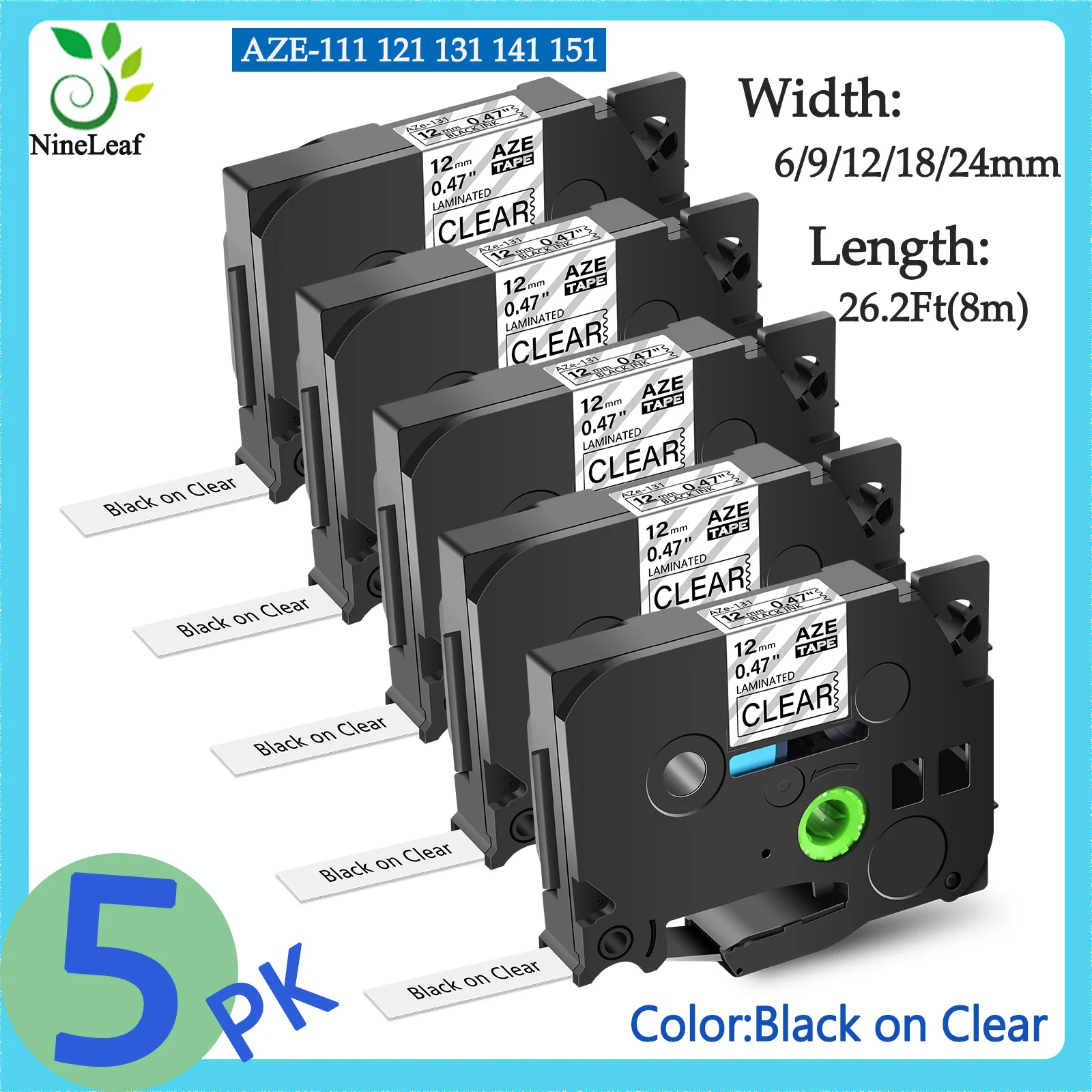 5PK Label Tape Compatible Brother 6/9/12/18/24mm TZE131 Laminated Black on Clear Cartridge Cassette for P-Touch PT-1000 PT-H101C