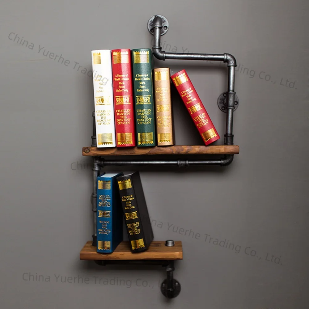 

American retro wrought iron water pipe shelf industrial style bookshelf solid wood baffle wall shelf layer shelf solid wood
