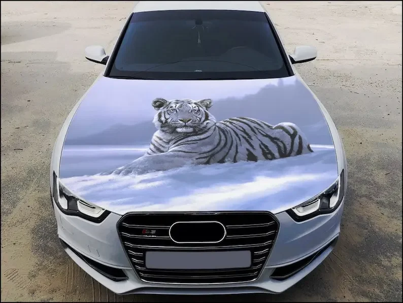 

White Tiger Car Hood Wrap Full Color Vinyl Decal Predator Sticker