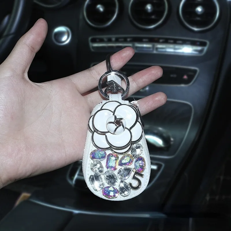 Car Key Case Camellia Inlaid Artificial Diamond Car Key Case Rhinestone Universal Key Protection Cover