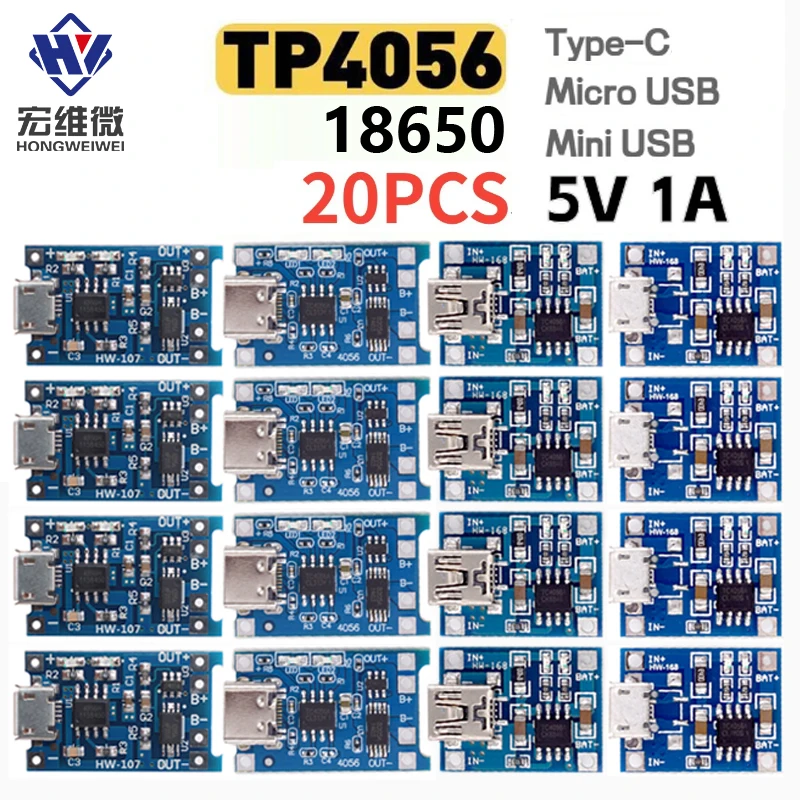 20 sztuk TP4056 1A 5V moduł ładowania baterii litowej Mini USB Micro USB interfejs typu c 18650 ochrona ładowania 2 w 1