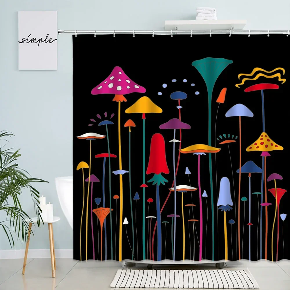 Cartoon Mushroom Shower Curtains Red Blue Yellow Plant Kids Bath Curtain Modern Simple Fabric Nordic Children Bathroom Decor Set