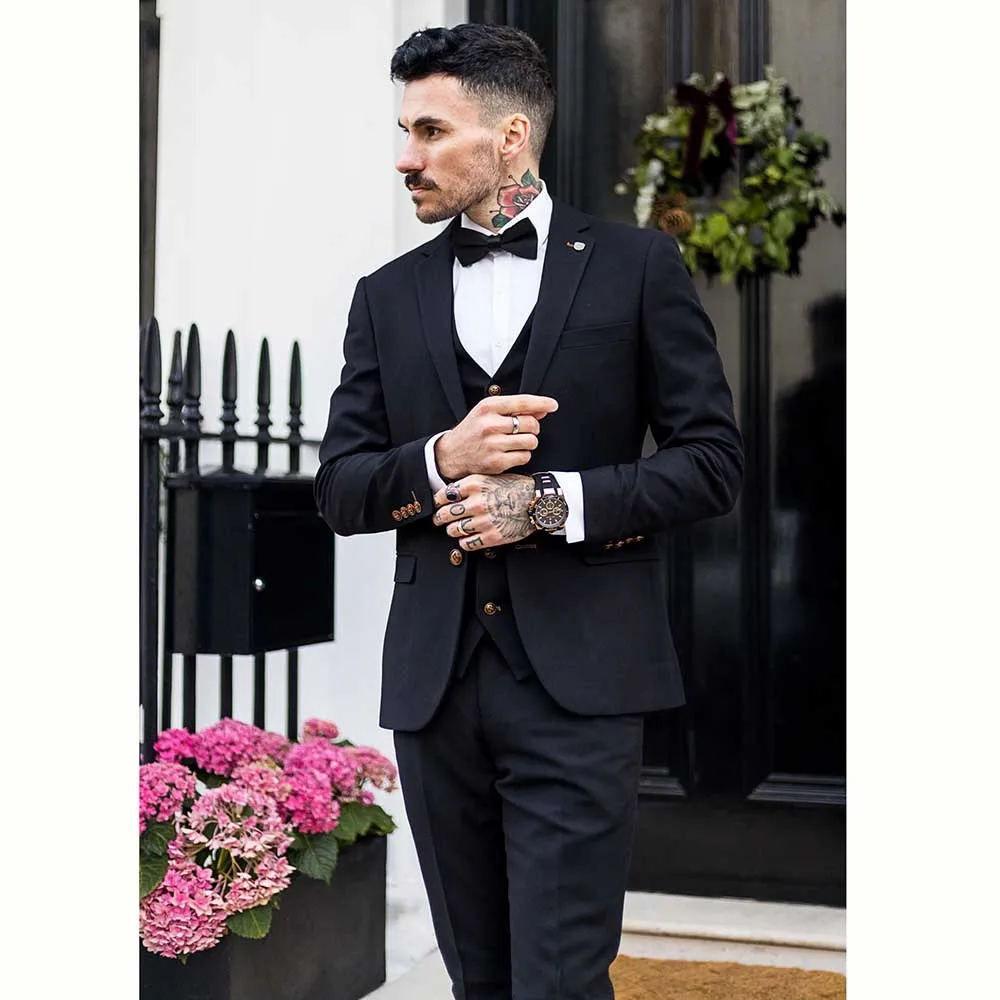 Handsome Black Men's Suits for Wedding Party Groom 3 Piece Jacket Vest Pants Male Clothing Slim Fit Formal Business Blazer Sets