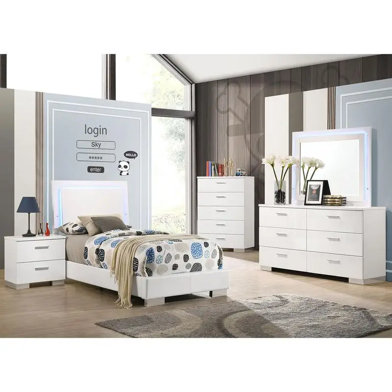 5-Pc Twin Bedroom Set in High Gloss White Finish - Stylish, Modern Design, Perfect for Kids and Teens