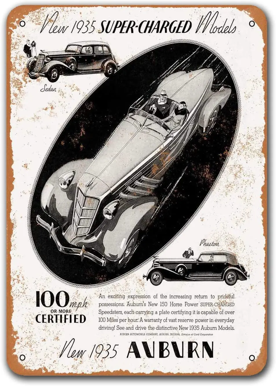 

1935 Auburn Super-Charged Automobiles Vintage Tin Signs Cars, Sisoso Metal Plaques Poster Garage Man Cave Retro Wall Decor