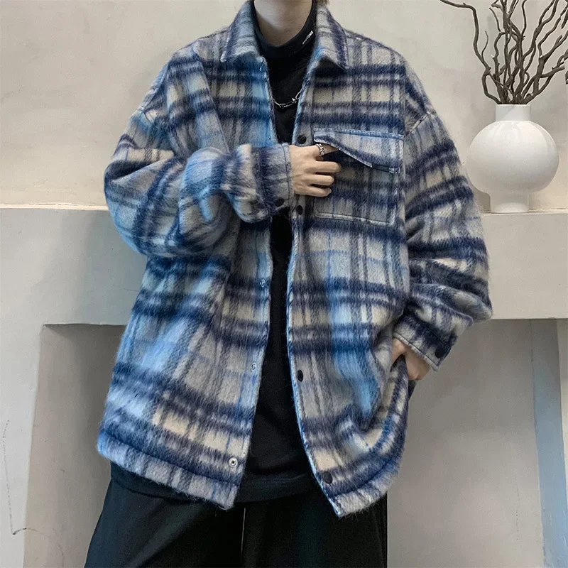 Small Fragrant Wind Fshion Thickened Woolen Coat, Men's Autumn and Winter New Design Sense Loose Warm Plaid Stand Collar Jacket