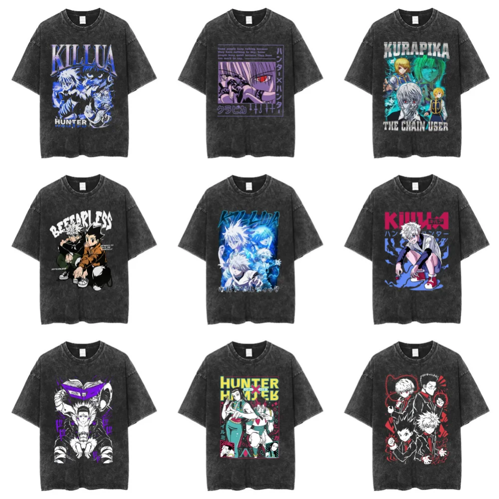 Camiseta Vintage con Logo de Anime Hunter X Hunter, camiseta con estampado de flor de cerezo Killua Gon, camiseta informal Unisex de gran tamaño