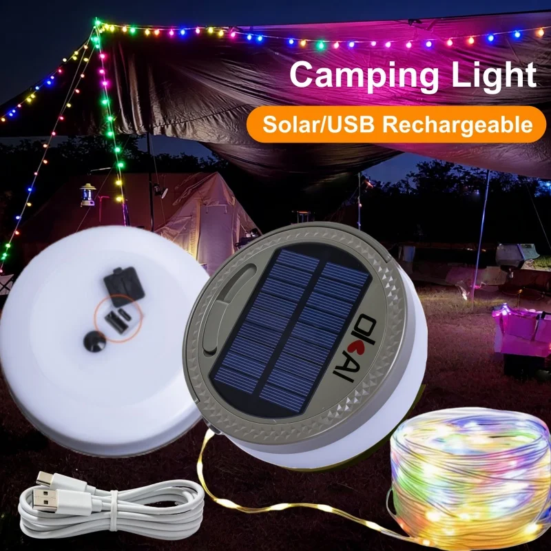 

Портативный складной солнечный фонарь для кемпинга, 8 режимов, водонепроницаемая лента 15 м, зарядка от солнца и USB, подвесной аварийный светильник