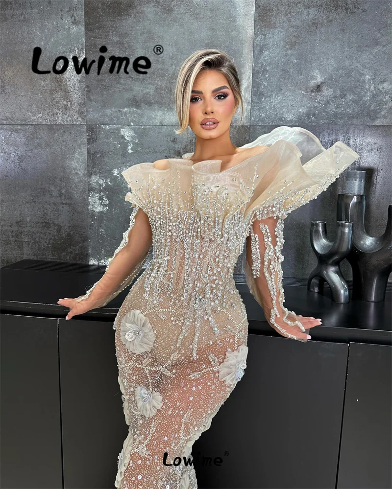 

Floral Champagne Evening Dress Luxury Ruffles Long Sleeves Mermaid Celebrity Dress See Through Sparkly Crystals Prom Party Dress