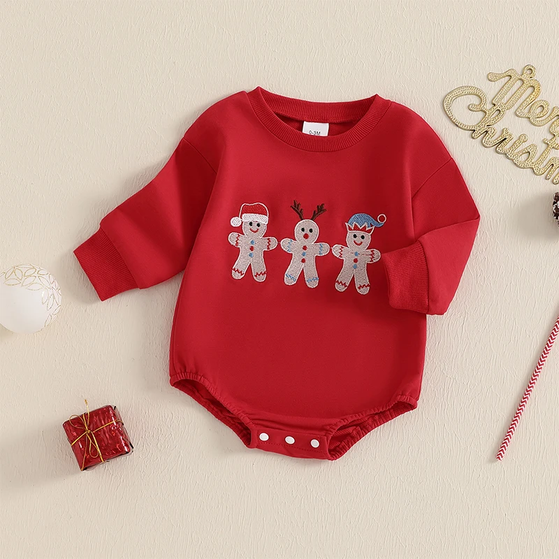 Girls Boys Christmas Jumpsuit Long Sleeve Crewneck Gingerbread Man Embroidery Sweatshirt Romper