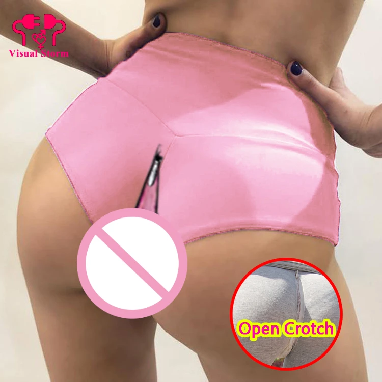 Woman Open Crotch Sexy Mini Leggings Gym Fitness Outdoor Sex Invisible Zippers Crotchless Hot Pants High Rise Breathable Panties