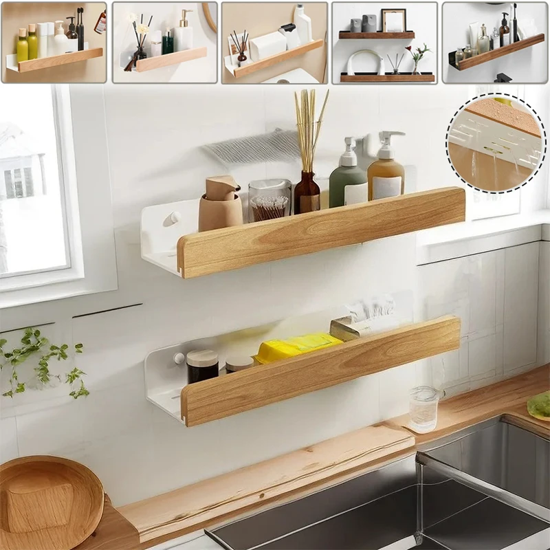 

Wood Wall Mounted storage rack Hydrophobic Hollow out No Drill Shelves Organizer Kitchen Spice Rack Bathroom Storage Accessories