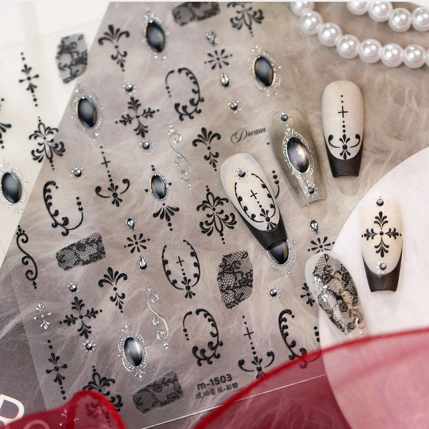 Vintage Black Lace Gem 5D Nail Stickers European Scroll Oval Imitation Gem Hollow Lace Court French Luxury Self Adhesive Decals