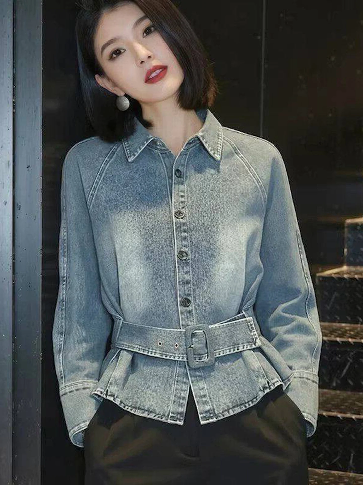 Retro Hong Kong Style Long Sleeve Denim Shirt Jacket Women's Loose Fitting Waist Cinching Slimming High End Feel Top