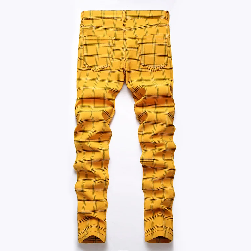 ABOORUN Men Casual Plaid Striped Jeans Skinny Stretch Pencil Denim Pants Plus Size Cotton Trousers for Male