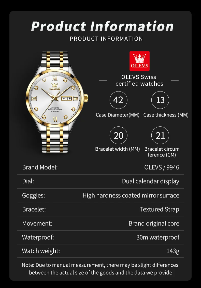 OLEVS 9946 Diamond Scale Men\'s Mechanical Watches Waterproof Dual Calendar Business Top Luxury Original Automatic Watch for Men