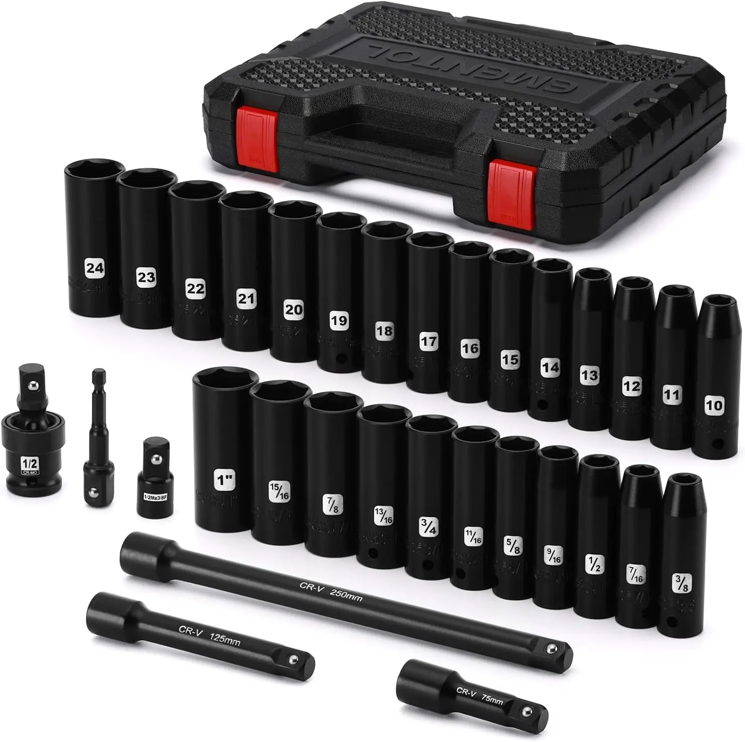 

1/2' Drive Socket Set, 32-Piece Deep Impact Sockets, SAE & Metric, with Extensions, Universal Joint, Drill Adapter, Cr-V Steel