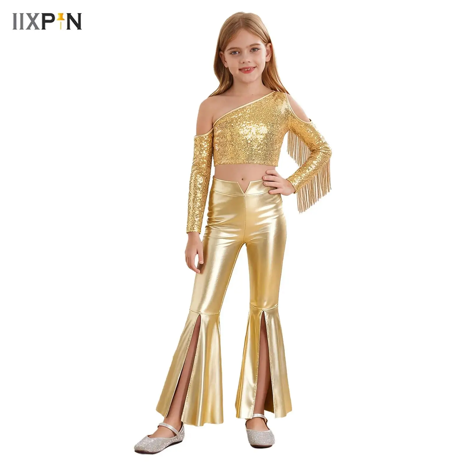 

Kids Girls 80s Disco Jazz Dance Costume One Shoulder Long Sleeve Tassels Shiny Sequins Crop Top+Split Bell-Bottom Metallic Pants