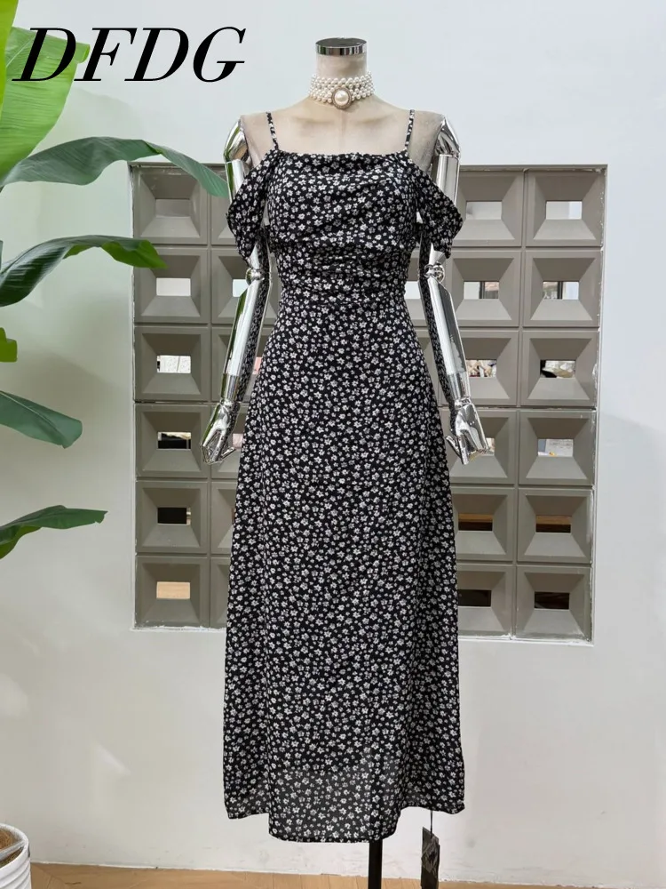 

Женское платье DFDG 2026: Весенне-летнее макси-платье с цветочным принтом, открытыми плечами, на тонких бретелях, с драпировкой на талии, струящееся, элегантное, для вечеринок