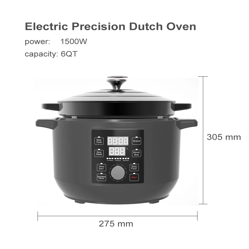 6-Quart 1500W Enameled Cast Iron Electric Dutch Oven for Braise, Slow Cooking, Sear or Saute, Cooking Pan and Warmer