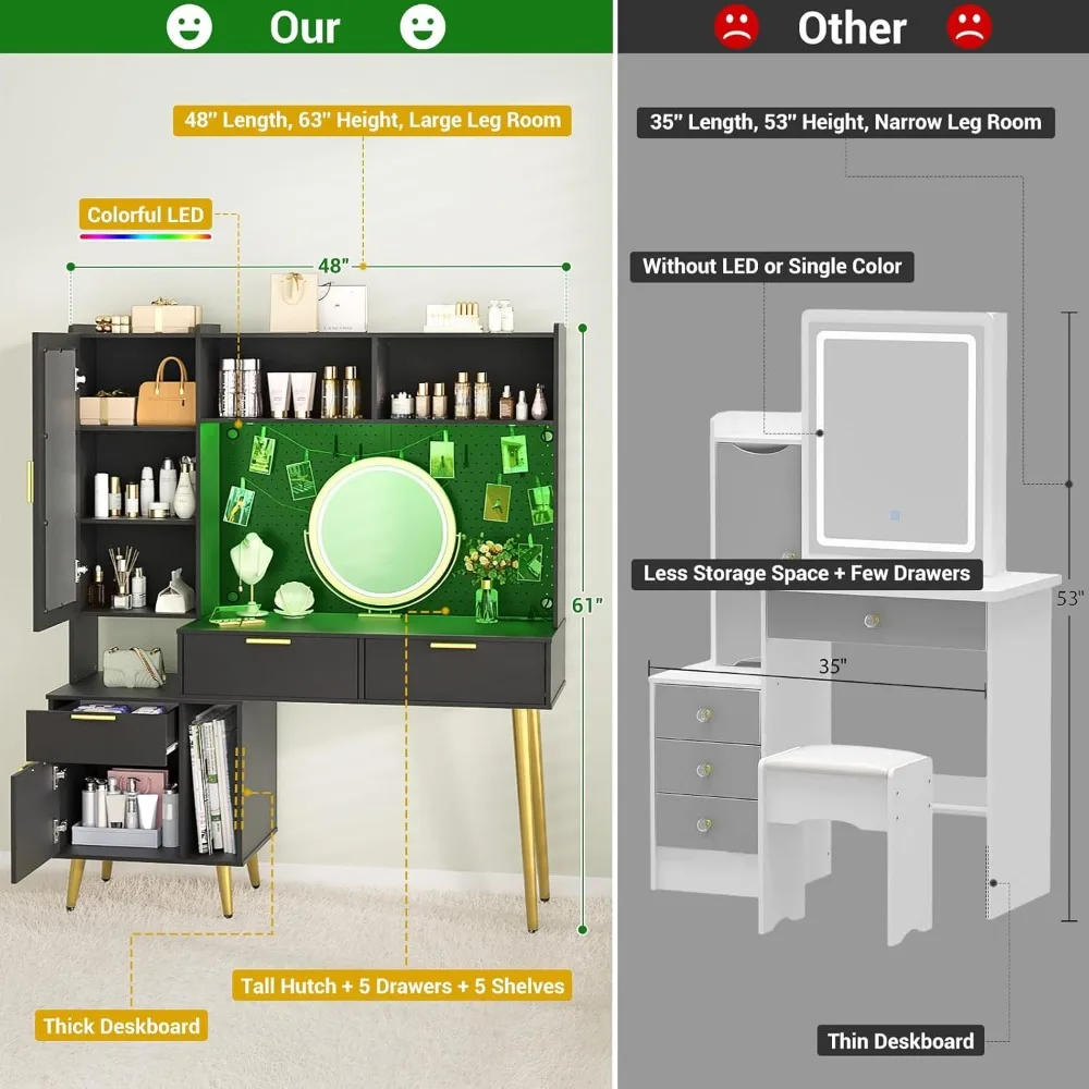 48 ''Make-up Waschtisch mit Stall, Ladestation und LED, hoher Waschtisch mit Steck brett, Spiegel, 5 großen Schubladen und Regalen