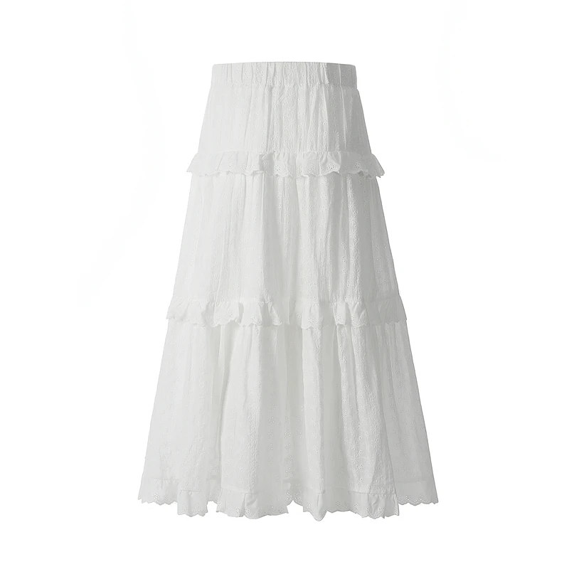 Women's White Layered Skirt 100% Cotton Fashion Casual Long Skirts for Woman 2025 New Collection Korean High Quality Clothing