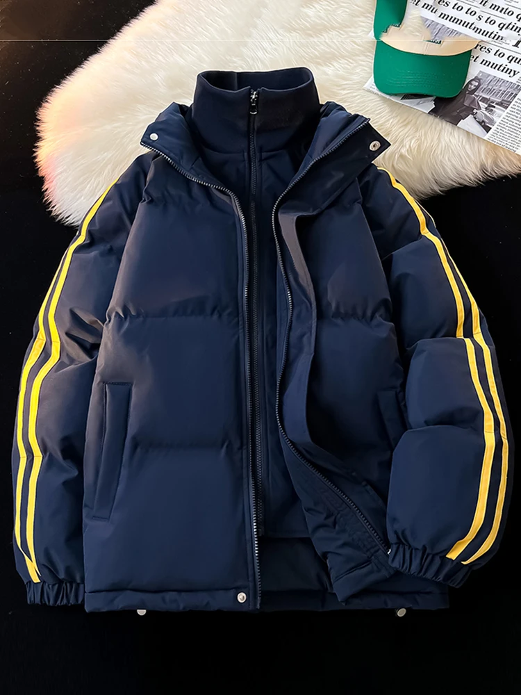 

Thiened Blue Cotton Jaet Men's Winter Coat Retro Stripes Design down Filled Outerwear Casual Loose Fit Waterproof
