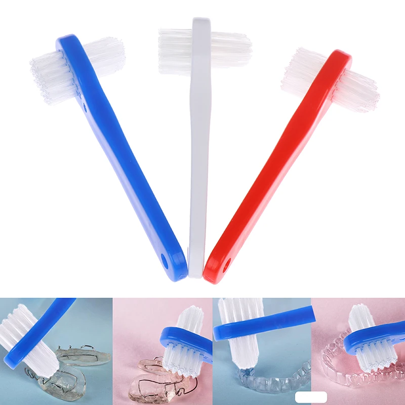 Hot Sale T-shape Denture Dedicated Brush Toothbrush Dual Head False Teeth Brushes Cleaner