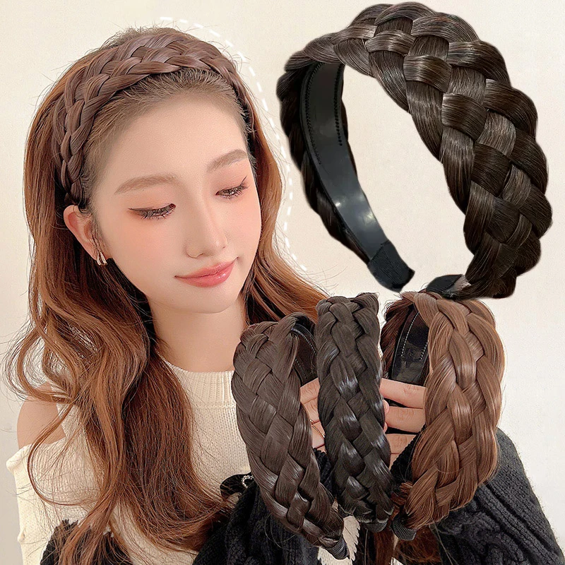 Bohemian Wide Hair Accessories Toothed Non-slip Hairband Wig Twist Braid Hair Hoop Artificial Fishbone Style Braided Headband