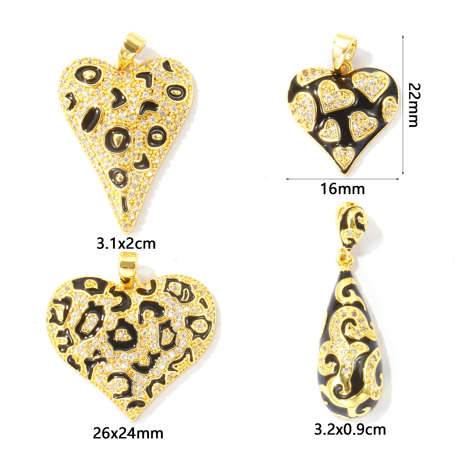 2pcs Micro Pave Clear Cubic Zirconia Heart Charms 18K Gold Plated Black Enamel Leopard Print Brass Pendants DIY Necklace Jewelry
