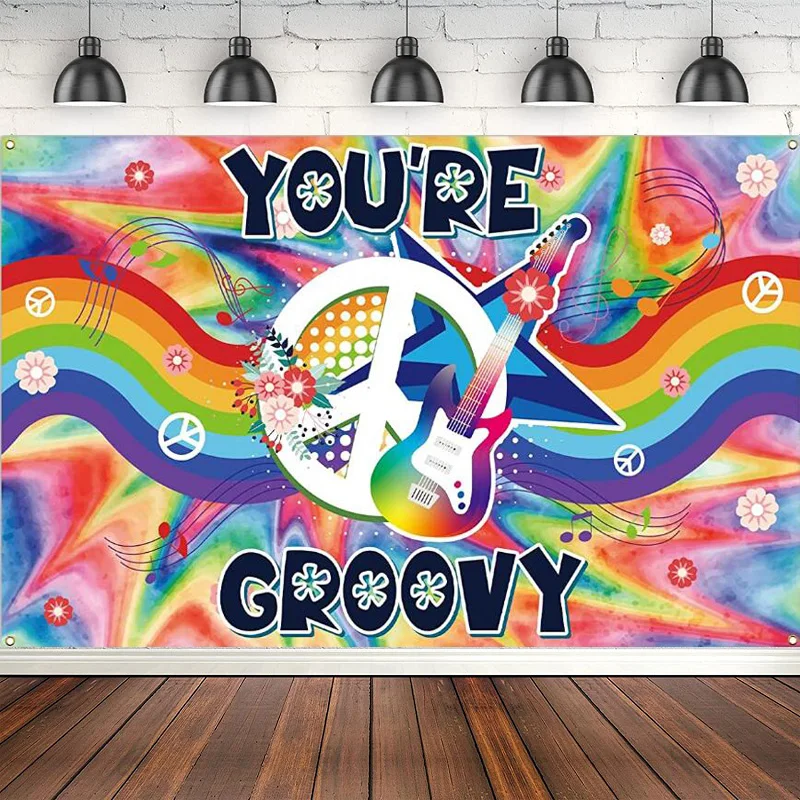 Youre Groovy Photography Backdrop For 60's Party Scene Setters Wall Decor Photo Background Rainbow 1960's Hippie Banner Supplies