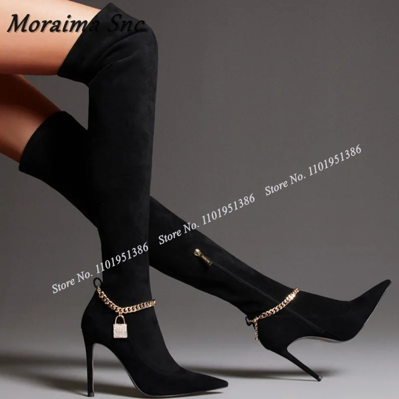 

Moraima Snc Black Lock Decor Boots Solid Over the Knee Chain Decor Boots Pointed Toe Shoes for Women High Heels Zapatillas Mujer