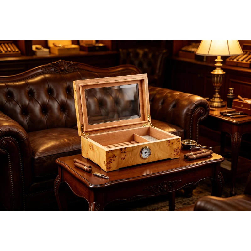Wooden Humidor Box About 35 Cigars, with Humidifier Hygrometer for Aging Aroma Cigar Box