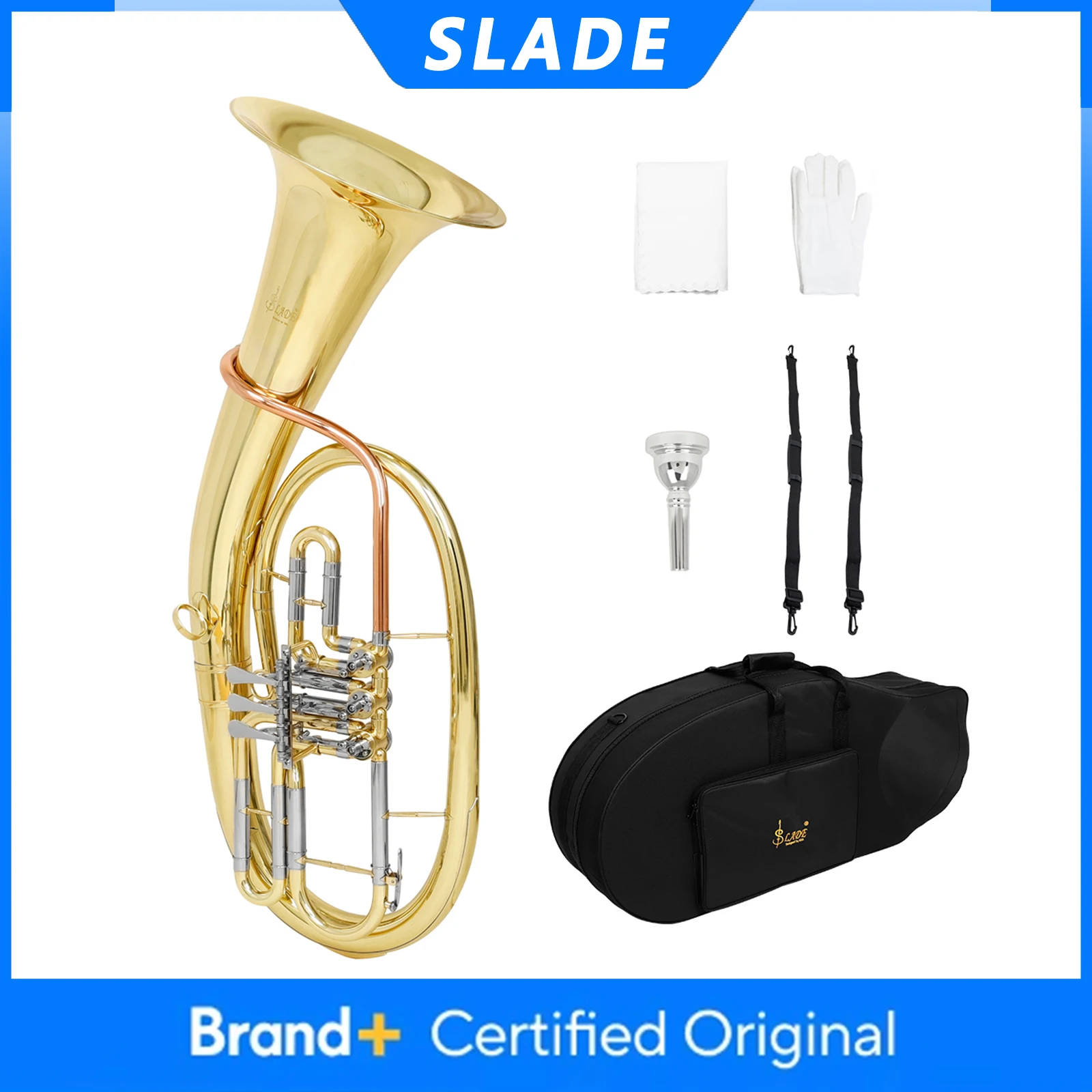 

SLADE LDT910 Bb Эуфонический рожок, 3-х клавишный латунный корпус, золотой, серебряный тенорский рог, баритоновый латунный музыкальный инструмент с футляром, салфетки, перчатки