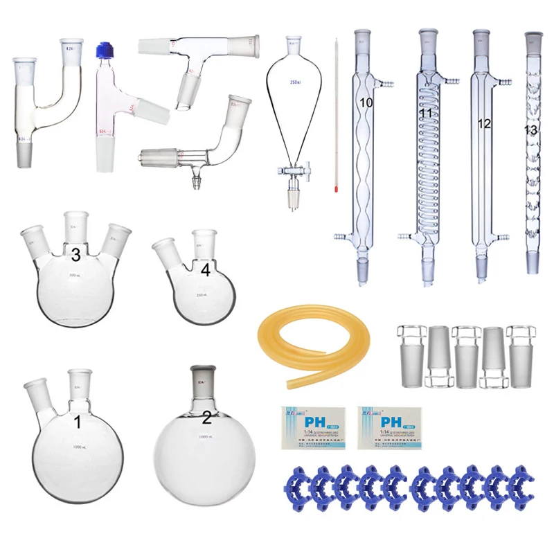 32PCS Advanced Chemistry Laboratory Glassware Kit 24/29 Glass Adapter Flask Condenser Funnel Joint Clip Distillation Apparatus