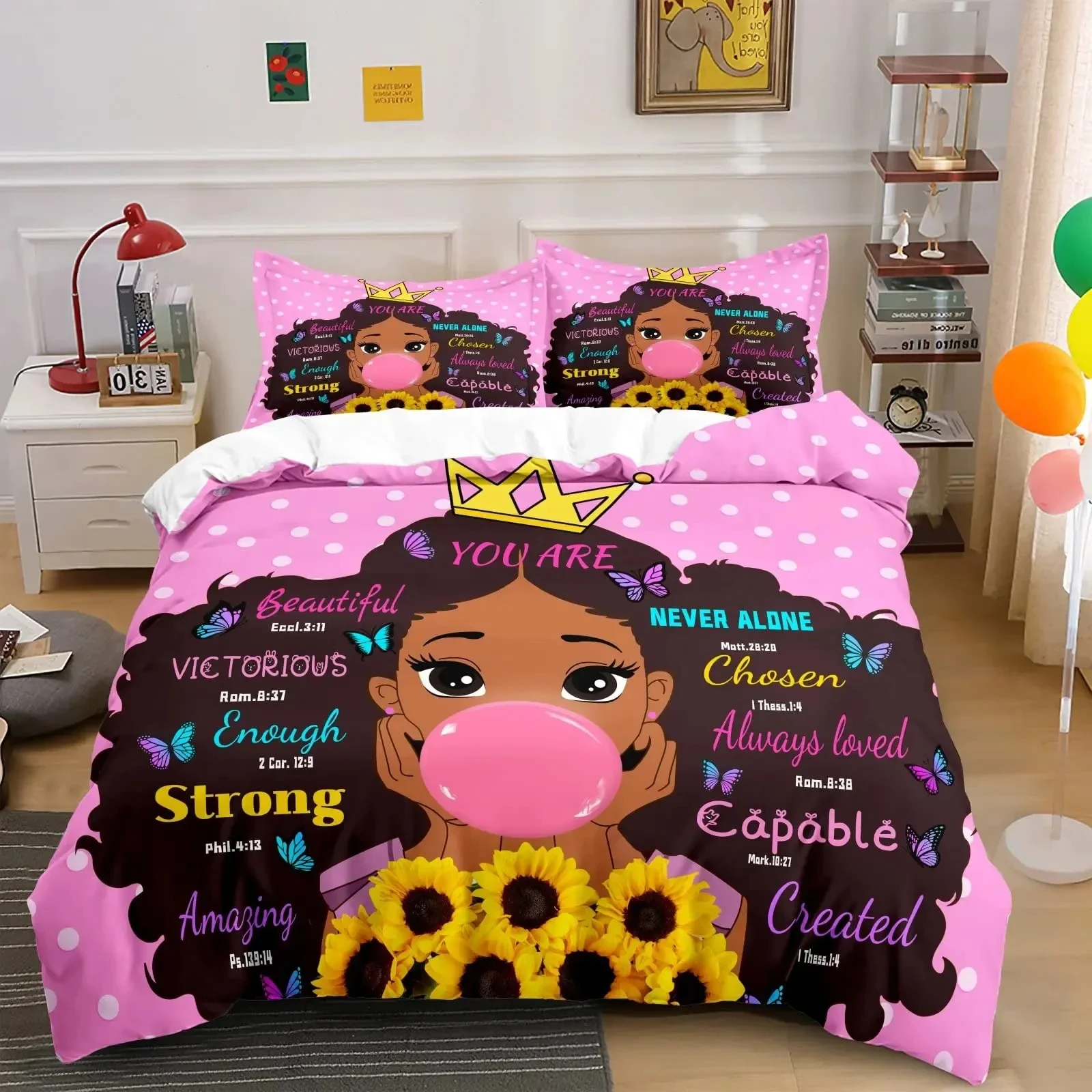 American Black Girl Duvet Cover Set,Black Girl Magic Bedding Set Full Size,Cute Little Afro Black Princess Comforter Cover Sets