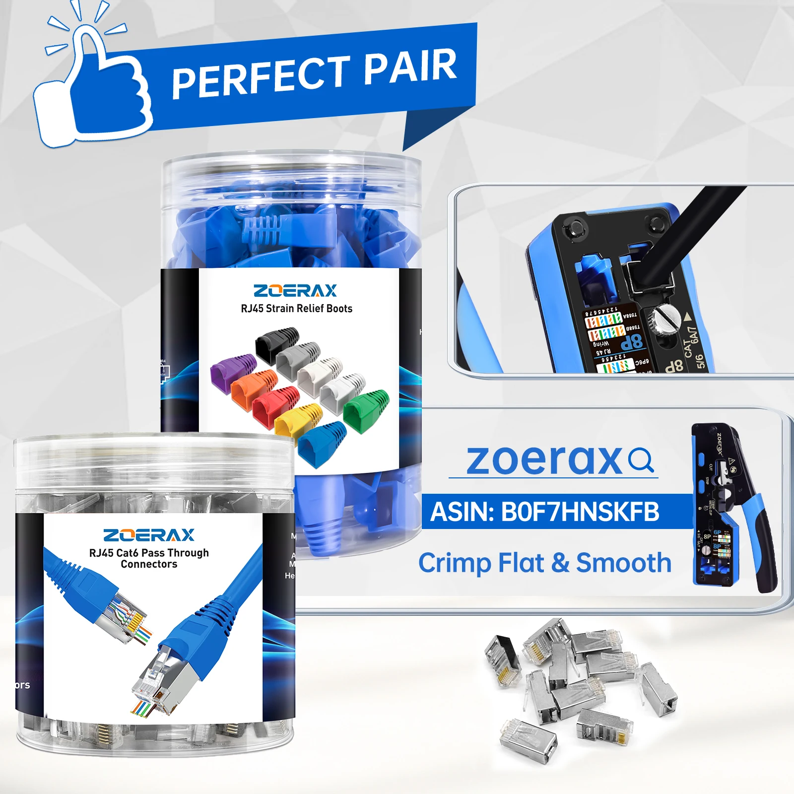 ZoeRax 100PCS Cat6 Pass‑Through RJ45 Connectors with Strain Relief Boots,STP Shielded RJ45 Modular Plugs for 23‑28AWG Ethernet Cable, Cat6/Cat5e Crimp Connector Kit view 2