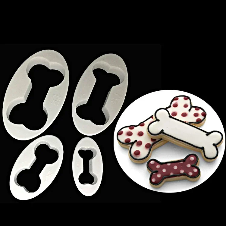 4pcs Dog Bone Shape Cookie Biscuits Cutter Fondant Plastic Embossed Mold DIY Cake Decorating Tools Baking Mold Cake Decor Set