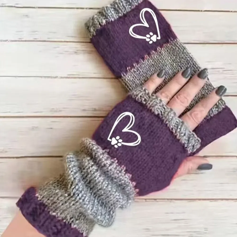 Elastic Cuffs Fingerless Gloves Trendy Heart Printed Gloves Sleeve Covers Thickened Paw Print Knitted Decorative Gloves Skiing