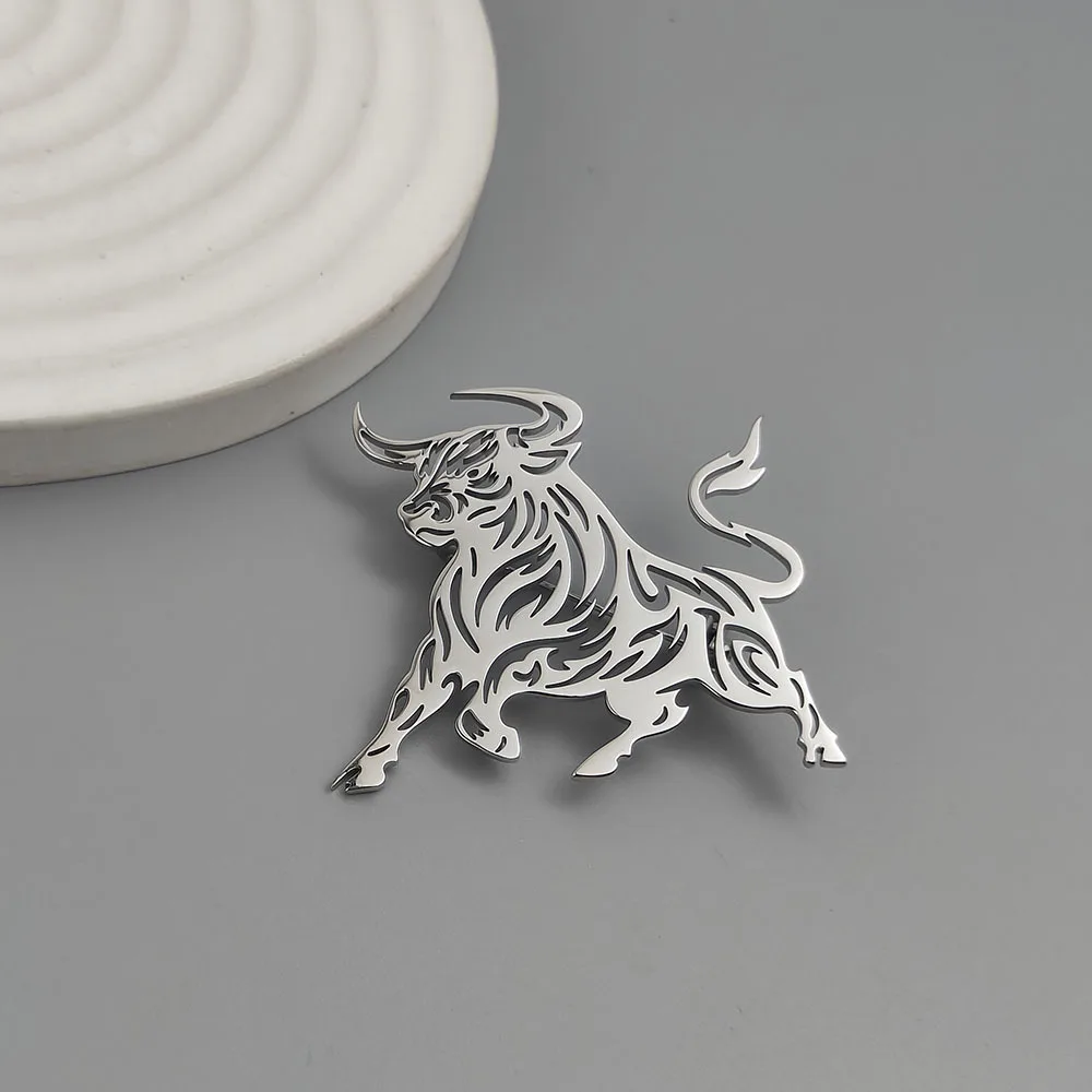 Stainless Steel Running Bull Brooch Animal Theme Lapel Pin Fashion Hollow‑cut Badge Suit Jacket Backpack Clothing Ornament Gift