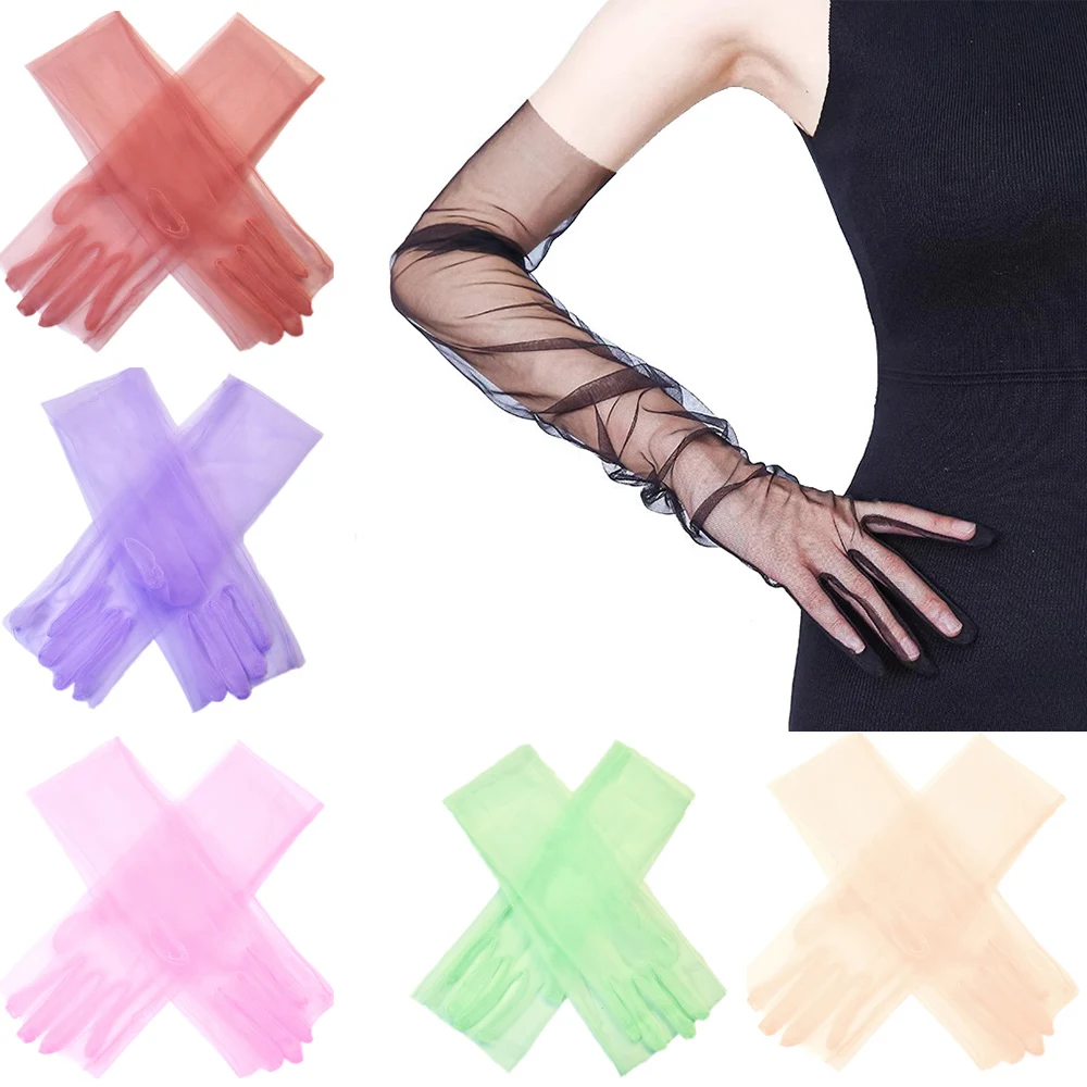 

New Sexy Transparent Gloves Women Sheer Tulle Thin Mesh Full Finger Elbow Long Gloves Wedding Dancing Dress Etiquette Glove