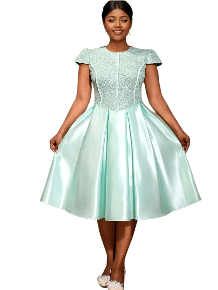 African Elegant Rose Jacquard Midi Dress Patchwork Satin Knee-Length Formal Perfect for Causal Cocktail Party Wedding Guest 2025