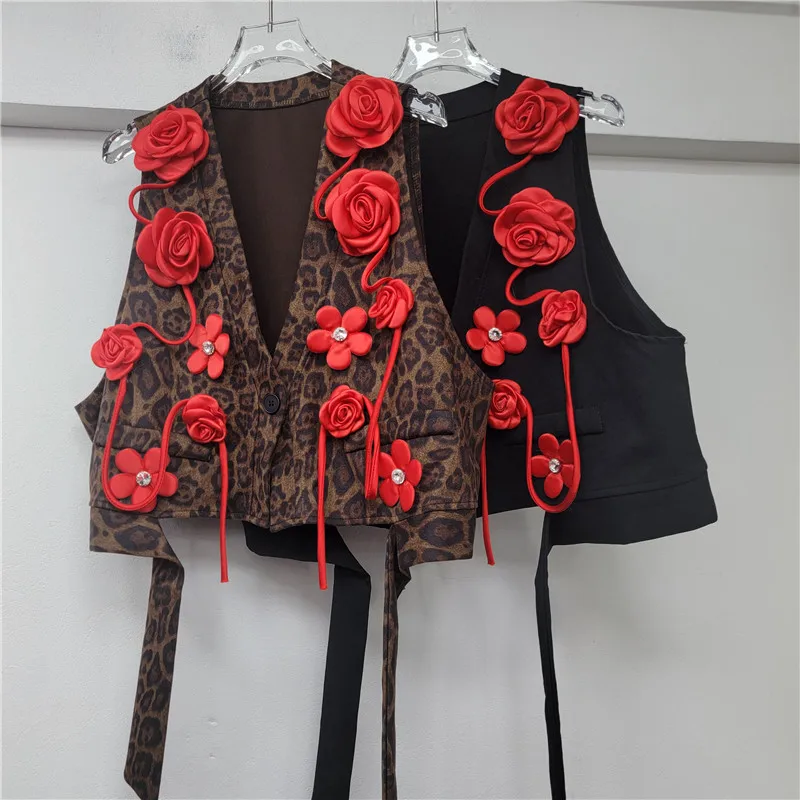 

European and American Style Niche Design Leopard Print Fashion 3D Flower Loose Irregular Vest for Women Trendy
