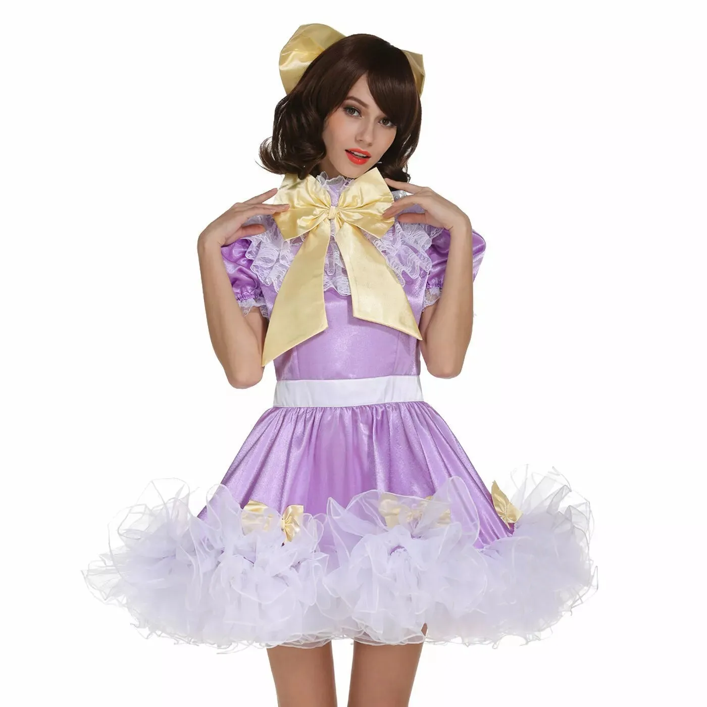 

Sexy French maid sissy girl lockable purple satin fluffy ruffled lace maid cosplay costume customizable