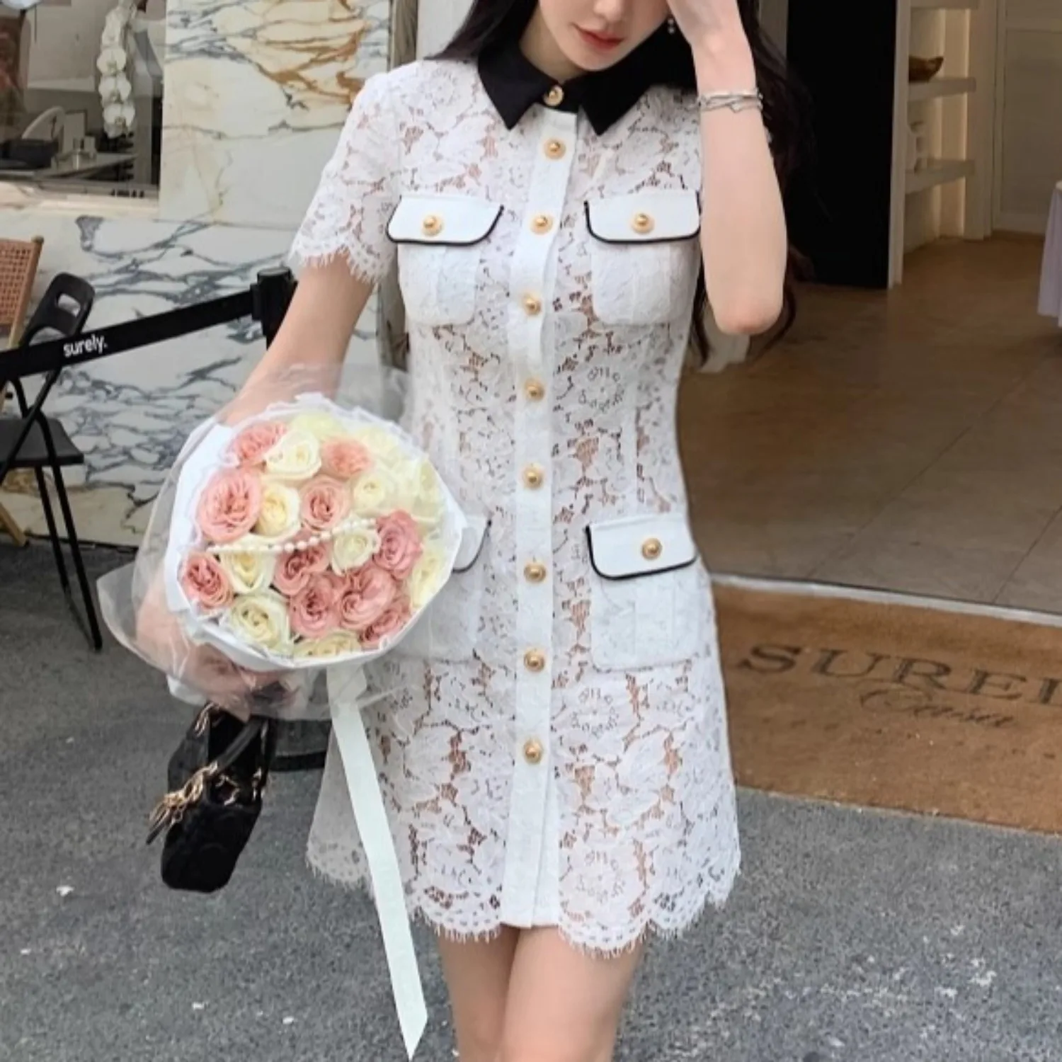 ชุดลูกไม้สีขาวผู้หญิง single-breasted Elegant MINI vestidos bodycon เอวสูง Chic PARTY ผ้าเลดี้ฤดูร้อน