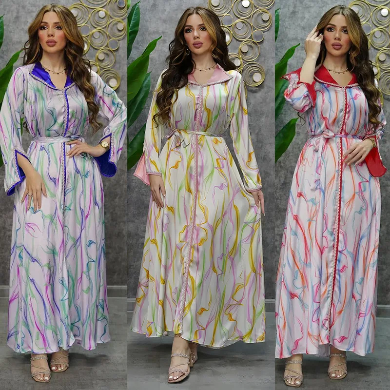 AB296 Muslim New 2023 Robe Fried Dough Twists Color Diamond Hot Diamond Fashion Luxury Soft Dress