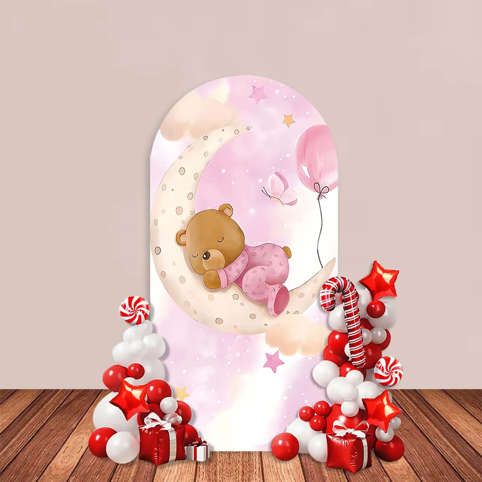 Boy or Girl Gender Reveal Arch Backdrop Cover Pink or Blue Watercolor Cute Bear Moon Balloon Baby Shower Party Decor Background
