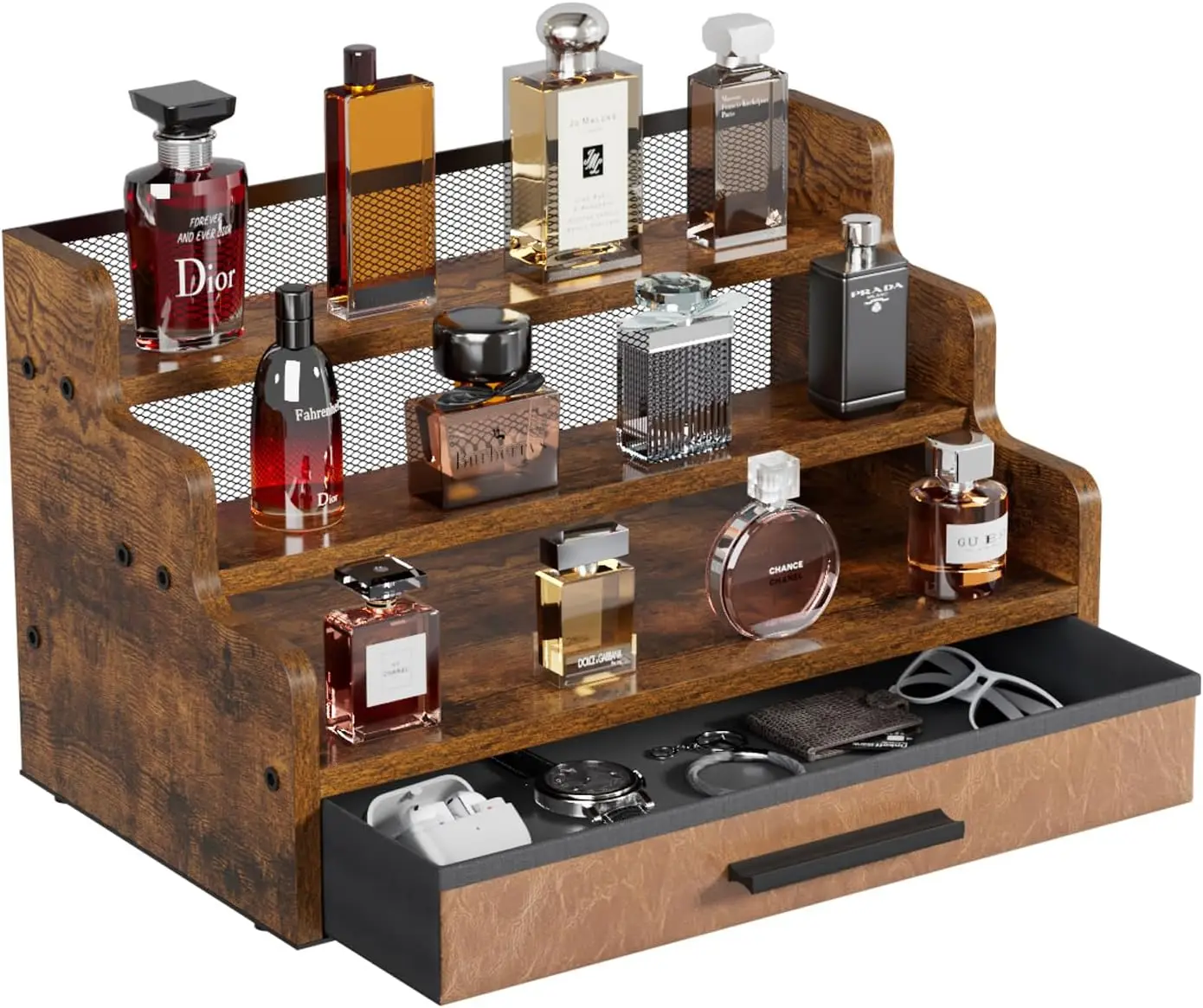 

Трехуровневая деревянная подставка для парфюмерии с ящиком, ретро-органайзер для косметики и уходовых средств, коричневая полка в деревенском стиле