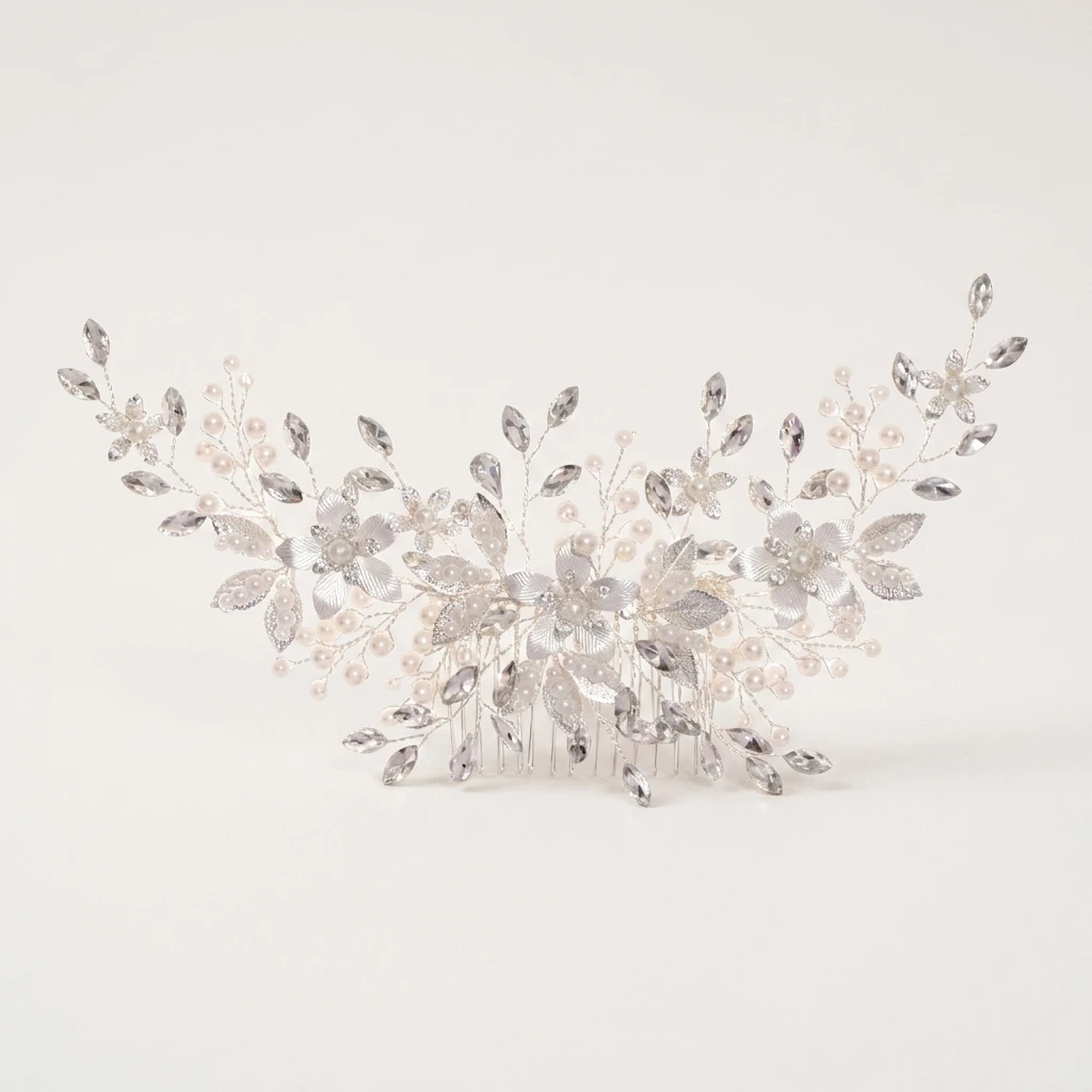 

2Pcs Elegant Silver Color Alloy Flower Hair Combs Floral Headbands Artificial Pearls Hairbands for Bride Wedding Hair Jewelry